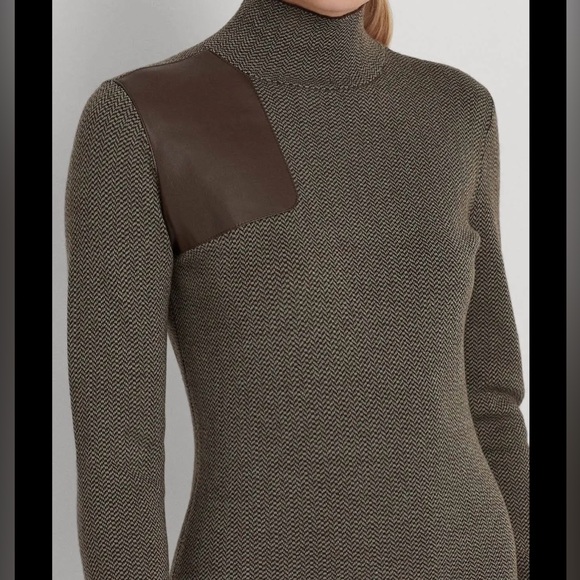 NWT Lauren Ralph Lauren Wool Turtleneck Leather Patch Green Sweater Dress 1X New - Picture 4 of 9